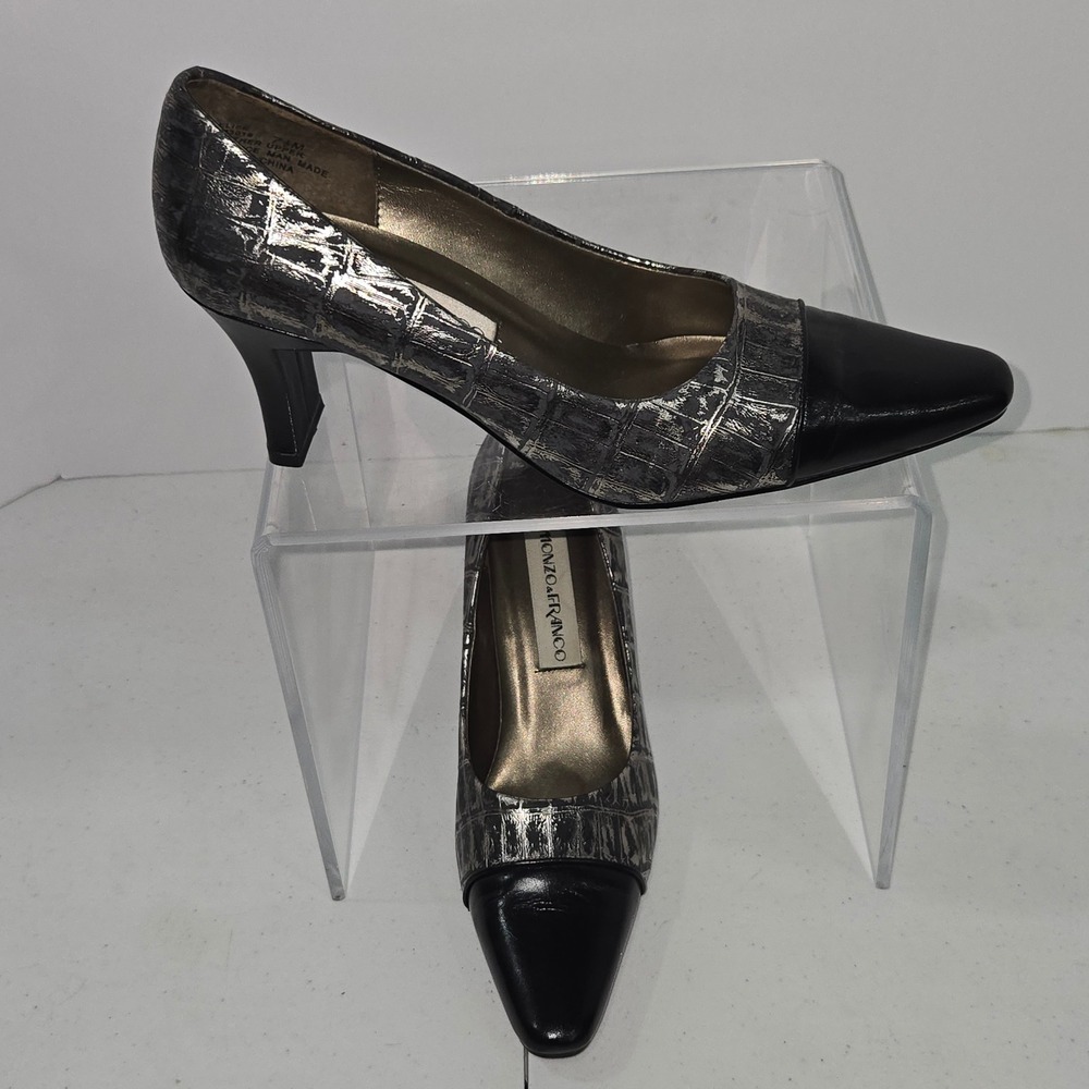 Monzo & Franco Elise Pumps Metallic Silver Black Croc Leather Heels Size 7.5M